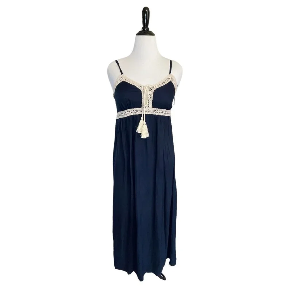 NWT 1. State Classic Navy Maxi Dress Crochet Tassel Trim‎ Boho Sleeveless Small